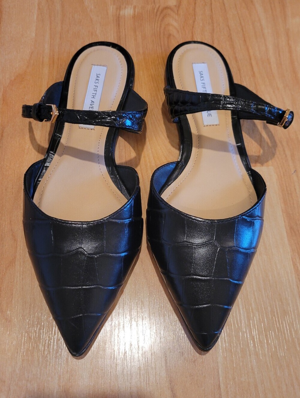 Saks Fifth Avenue Black Croc-Embossed Pointed Toe Slip On Mule Flats Size 5 New